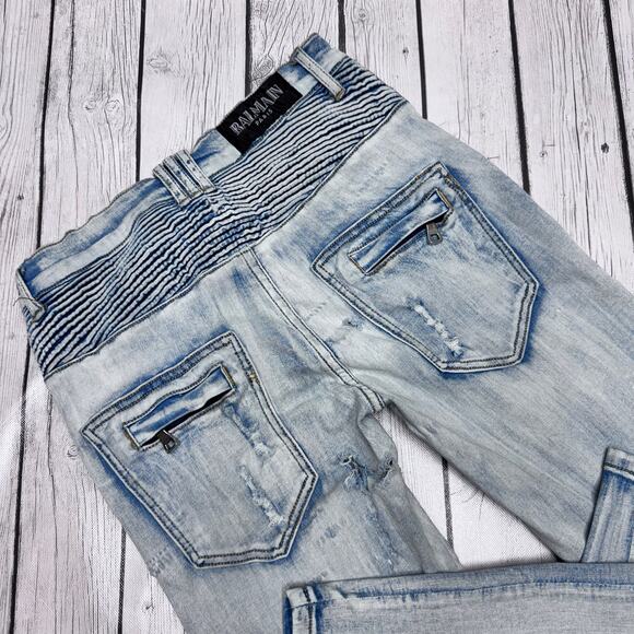 Men’s Balmain Light Blue Destroyed And Ribbed Biker Jeans Size 32x33 - Picture 7 of 9